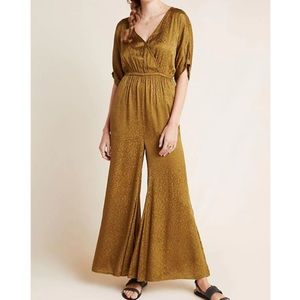 Anthropologie Maeve Jacqueline Jacquard Jumpsuit Gold Olive Green Size XS